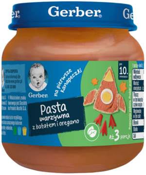 Szklany słoiczek Gerber Pasta warzywna z batatem i oregano dla 10m+, niebieska nakrętka, widok z przodu.