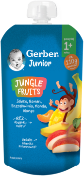 Niebieska tubka Gerber Junior Jungle Fruits, 1+ rok, 110g, z małpką i owocami, widok z przodu.