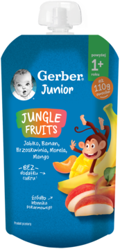 Niebieska tubka Gerber Junior Jungle Fruits, 1+ rok, 110g, z małpką i owocami, widok z przodu.