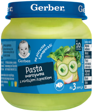 Słoik Gerber Pasta warzywna z mintajem i koperkiem, zielona etykieta z wesołą kanapką z ogórków.