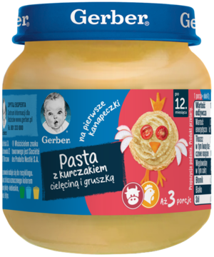 Gerber Pasta z kurczakiem, cielęciną i gruszką 12m+ w szklanym słoiczku, idealna na kanapeczki.