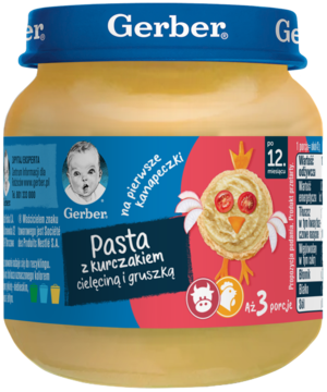 Gerber Pasta z kurczakiem, cielęciną i gruszką 12m+ w szklanym słoiczku, idealna na kanapeczki.