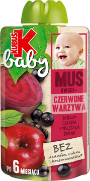 Czerwona saszetka Kubuś Baby Mus Owoce+Warzywa, z jabłkiem, porzeczką, burakiem, dla dzieci po 6 miesiącu.
