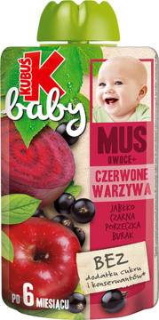 Czerwona saszetka Kubuś Baby Mus Owoce+Warzywa, z jabłkiem, porzeczką, burakiem, dla dzieci po 6 miesiącu.