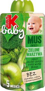 Zielona saszetka Kubuś Baby, mus owocowo-warzywny z jabłkiem i zielonymi warzywami, bez cukru, po 5 miesiącu.