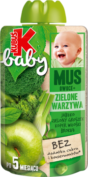 Zielona saszetka Kubuś Baby, mus owocowo-warzywny z jabłkiem i zielonymi warzywami, bez cukru, po 5 miesiącu.