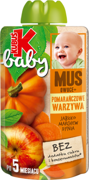 Mus Kubuś Baby w pomarańczowej saszetce z dynią, jabłkiem i marchwią. Dla niemowląt po 5. miesiącu, bez cukru.