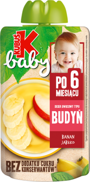 Kubuś Baby deser budyń owocowy banan jabłko, bez cukru. Beżowa saszetka z dzieckiem i owocami, widok z przodu.