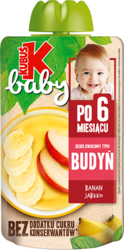 Kubuś Baby deser budyń owocowy banan jabłko, bez cukru. Beżowa saszetka z dzieckiem i owocami, widok z przodu.