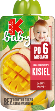 Kubuś Baby kisiel jabłko mango, deser owocowy bez cukru dla dzieci po 6. miesiącu, zielone opakowanie z uśmiechniętym bobasem.