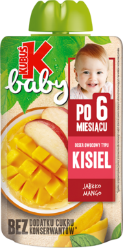 Kubuś Baby kisiel jabłko mango, deser owocowy bez cukru dla dzieci po 6. miesiącu, zielone opakowanie z uśmiechniętym bobasem.