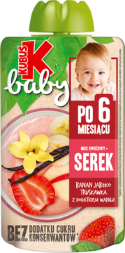 Kubuś Baby mus owocowy z serkiem banan, jabłko, truskawka, wanilia, po 6. miesiącu. Na przodzie owoce i uśmiechnięte dziecko.
