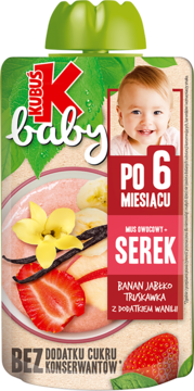 Kubuś Baby mus owocowy z serkiem banan, jabłko, truskawka, wanilia, po 6. miesiącu. Na przodzie owoce i uśmiechnięte dziecko.