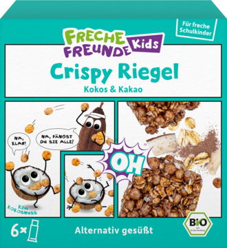 Zielone opakowanie Freche Freunde Kids Crispy Riegel Kokos & Kakao z grafiką kokosów i chrupiących batonów.