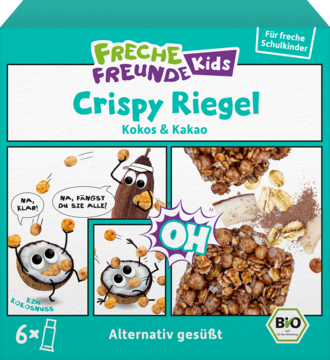 Zielone pudełko Freche Freunde Kids Crispy Riegel Kokos & Kakao, widok z przodu, z rysunkami i logo BIO.