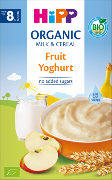 Kaszka HiPP Organic Owoce-Jogurt od 8. miesiąca w niebieskim opakowaniu, z miską, jabłkiem i bananem.