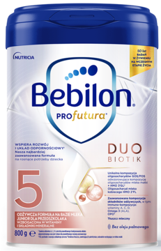Bebilon PROfutura DUOBIOTIK 5 mleko junior dla przedszkolaka, niebiesko-biała puszka 800g, widok z przodu.