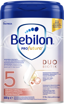 Granatowe opakowanie Bebilon PROfutura DUOBIOTIK 5, odżywcza formuła junior 800g, widok z przodu, z cyfrą 5.