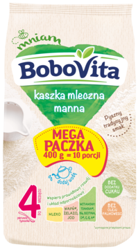 Kaszka mleczna BoboVita manna 400g, dla dzieci po 4 miesiącu życia, bez dodatku cukru, widok z przodu.