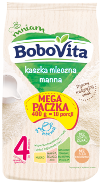 Kaszka mleczna BoboVita manna 400g, dla dzieci po 4 miesiącu życia, bez dodatku cukru, widok z przodu.