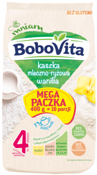 Frontowe opakowanie BoboVita kaszki mleczno-ryżowej waniliowej 400g. Bez glutenu, cukru i oleju palmowego.