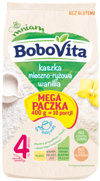 Frontowe opakowanie BoboVita kaszki mleczno-ryżowej waniliowej 400g. Bez glutenu, cukru i oleju palmowego.
