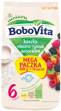 Paczka BoboVita kaszki mleczno-ryżowej owoce leśne 400g, dla 6m+, z jagodami i ryżem, bez glutenu.