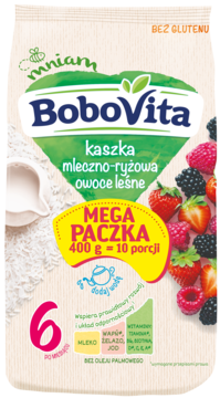 Paczka BoboVita kaszki mleczno-ryżowej owoce leśne 400g, dla 6m+, z jagodami i ryżem, bez glutenu.