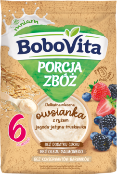 Front of BoboVita owsianka mleczna z ryżem Jagoda-Jeżyna-Truskawka, dla dzieci po 6m, w beżowej torebce.
