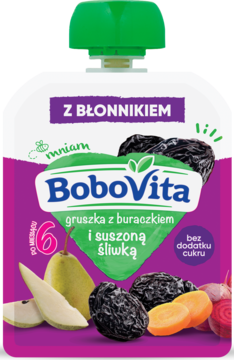 BoboVita mus owocowy z gruszką, buraczkiem i śliwką, biało-fioletowa saszetka, z błonnikiem, bez cukru.