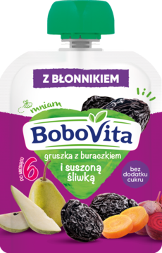 Mus BoboVita Gruszka z buraczkiem i suszoną śliwką. Biała tubka z zieloną nakrętką, widok z przodu, bez cukru.