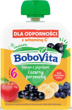 Mus BoboVita banan, jagody, czarna porzeczka, z witaminą C dla odporności, w saszetce, widok z przodu.