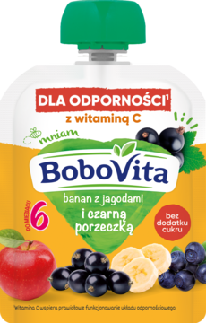Biała saszetka BoboVita, mus banan, jagody, czarna porzeczka, 6m+. Z wit. C, bez cukru, widok z przodu.