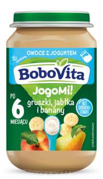 Słoiczek BoboVita JogoMi! deser owocowy: gruszki, jabłka, banany z jogurtem, bez cukru, od 6. miesiąca.