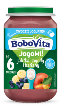 BoboVita JogoMi! deser w słoiczku, jabłka, jagody, banany z jogurtem, po 6 mies., widok z przodu.