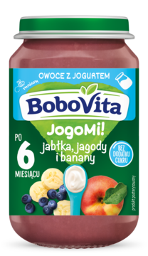 BoboVita JogoMi! deser w słoiczku, jabłka, jagody, banany z jogurtem, po 6 mies., widok z przodu.