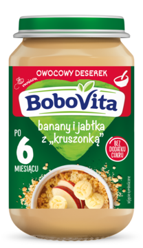 BoboVita owocowy deserek banany i jabłka z kruszonką, w słoiczku, dla dzieci po 6. miesiącu, bez cukru.