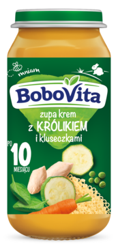 BoboVita zupa krem z królikiem i kluseczkami dla niemowląt po 10 miesiącu, szklany słoiczek z zieloną etykietą, widok z przodu.