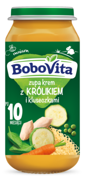 BoboVita zupa krem z królikiem i kluseczkami dla niemowląt po 10 miesiącu, szklany słoiczek z zieloną etykietą, widok z przodu.