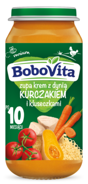 BoboVita zupa krem z dynią, kurczakiem i kluseczkami, słoik dla 10+ miesięcy, zielona etykieta, widok z przodu.