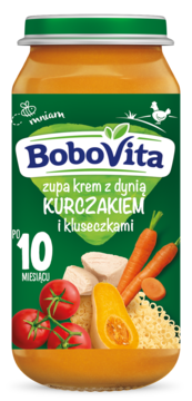 BoboVita zupa krem z dynią, kurczakiem i kluseczkami, słoik dla 10+ miesięcy, zielona etykieta, widok z przodu.