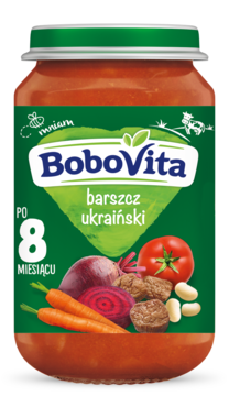 Słoiczek BoboVita Barszcz Ukraiński, zupa dla niemowląt po 8 miesiącu, widok z przodu. Zielona etykieta z warzywami.