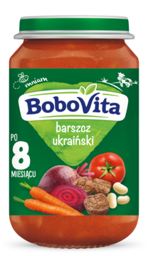 Słoiczek BoboVita Barszcz Ukraiński, zupa dla niemowląt po 8 miesiącu, widok z przodu. Zielona etykieta z warzywami.