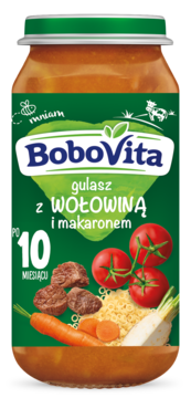 Słoik BoboVita Gulasz z wołowiną i makaronem, widok z przodu, zielona etykieta z grafiką składników.