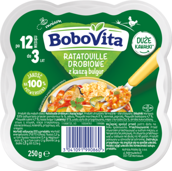 Bobovita Ratatouille drobiowe z kaszą bulgur, dla dzieci po 12 miesiącach, w zielono-białym opakowaniu, widok z góry.