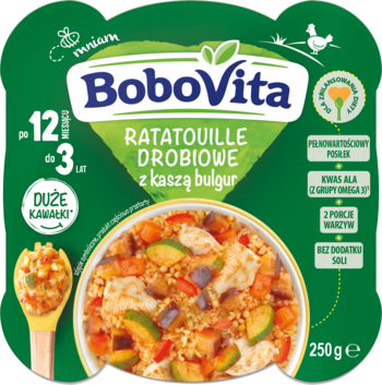 Zielony obiadek BoboVita Ratatouille drobiowe z kaszą bulgur dla dzieci 12m-3l, 250g, z dużymi kawałkami, widok z przodu.