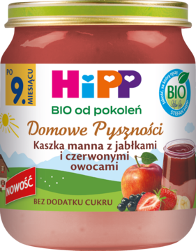 Szklany słoik HiPP Kaszka manna z jabłkami i czerwonymi owocami, BIO, po 9. miesiącu, bez cukru, widok z przodu.