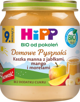 HiPP BIO kaszka manna z jabłkami, mango, morelami w słoiczku, dla dzieci po 9. miesiącu, widok przodu.