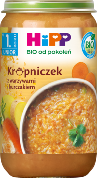 Słoiczek HiPP Krupniczek BIO z warzywami i kurczakiem, dla dzieci po 1. roku, widok z przodu, pomarańczowa etykieta.
