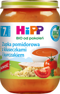 HiPP BIO zupka pomidorowa z kluseczkami i kurczakiem, po 7. miesiącu, w pomarańczowym słoiczku, przód.